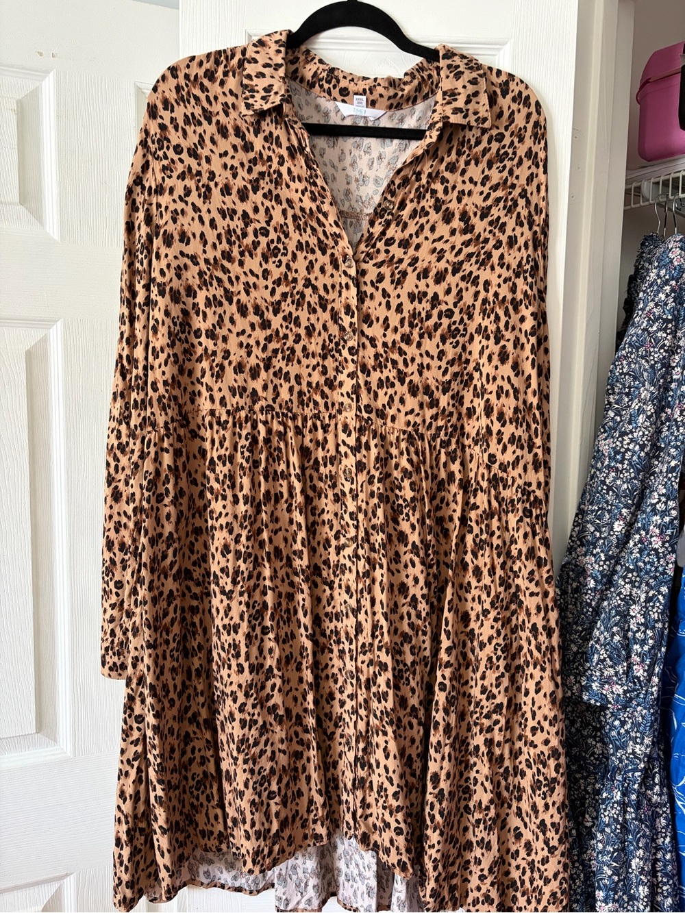Time and Tru Tan and Black Animal Print Long Sleeve Tiered Dress